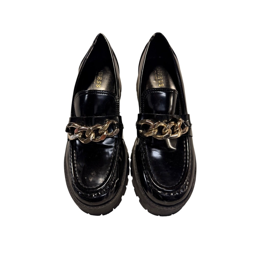 GUESS Womens Black Patent Chain Platform Lug Sole Loafers Size 10M